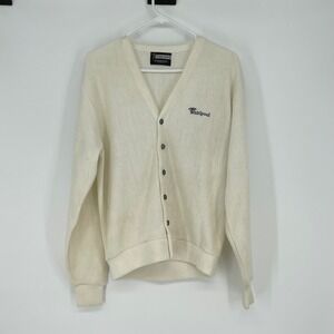 Vintage Whirlpool Employee Embroidered Logo Cardigan Sweater Cream Size L RARE
